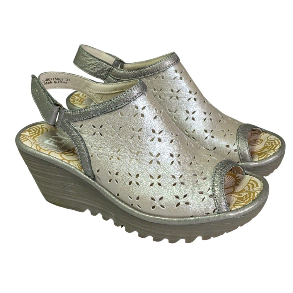 Fly London Ybei Wedge Sandals Womens Size 6 Silver Leather Platform Laser Cut